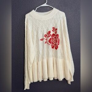VENUS Cream Peplum Sweater with Red Floral Accent